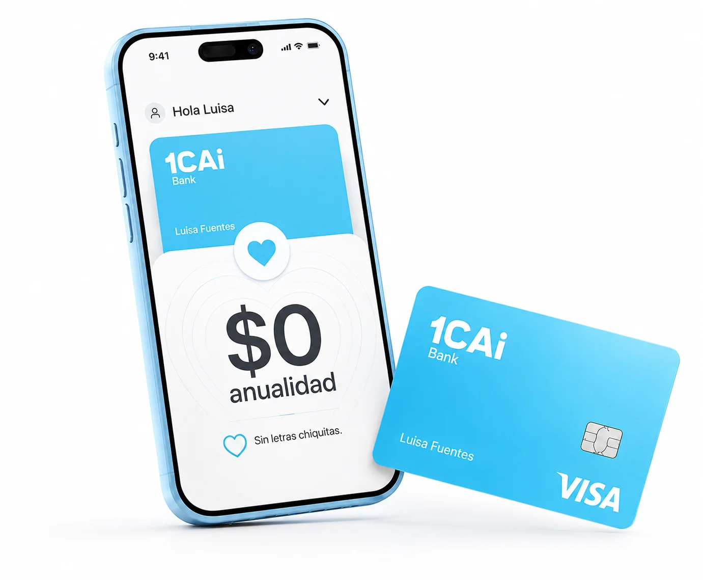 App 1CAi Bank mostrando $0 de anualidad junto a la tarjeta