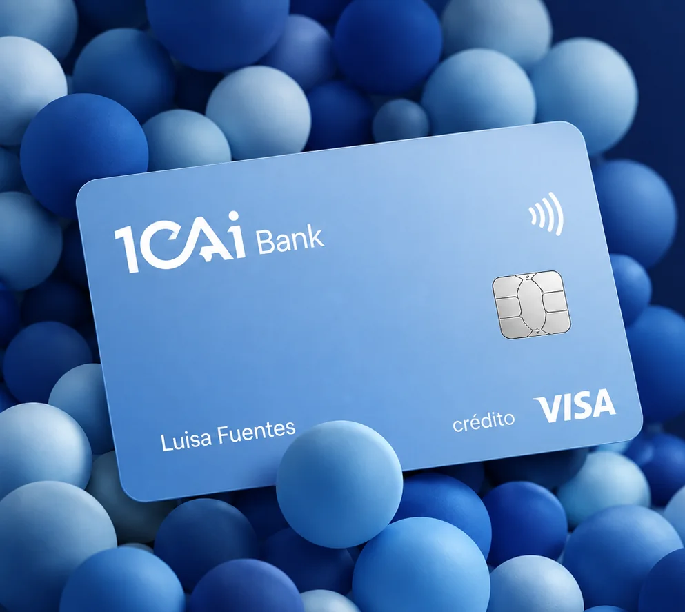 Tarjeta 1CAi Bank sobre esferas azules